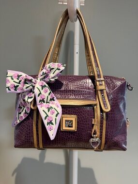 Sharif Purple Croc-Embossed Satchel with Gold Trim
